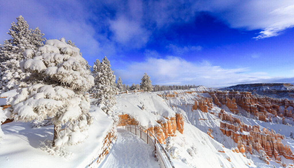 The trails surrounding Sunrise and Sunset Points in Bryce Canyon are steep and treacherous in snowy conditions