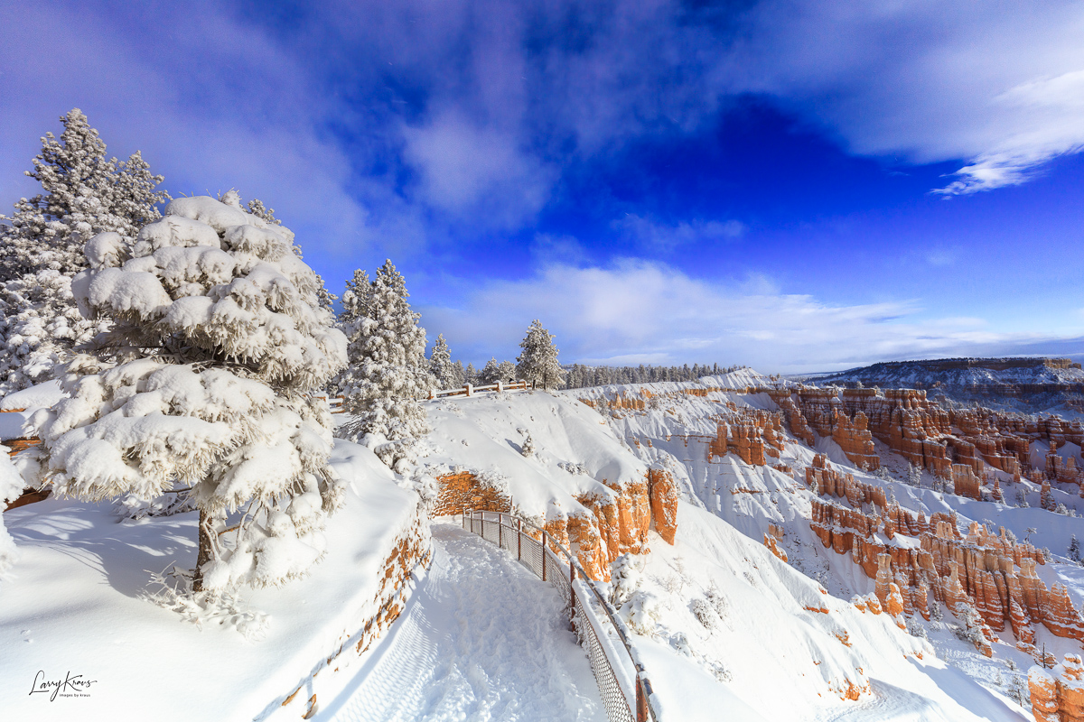 The trails surrounding Sunrise and Sunset Points in Bryce Canyon are steep and treacherous in snowy conditions
