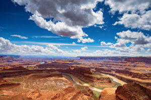 The overlook at Deadhorse State Park, near Canyonlands National Park, is framed by a beautiful sky and meandering Colorado River.