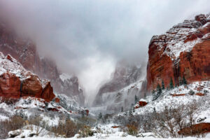 A howling winter storm hits Kolob Canyon, part of Zion National Park