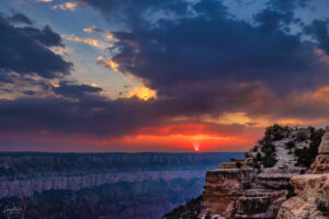 An incredible sunset at the north rim of the Grand Canyon, accessible from Bright Angel Point trail. This area is closed in the winter.