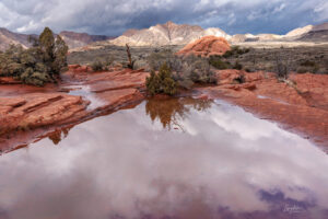 A beautiful clearing winter storm in Snow Canyon, Utah. Clouds reflecting in a rain filled pool.