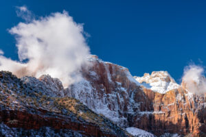 Driving up the Mt Carmel highway through Zion National Park illustrates the remnants of an early winter storm up high.